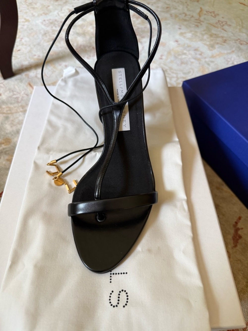 Stella McCartney Black Leather Lace-Up Sandals with Gold Accents